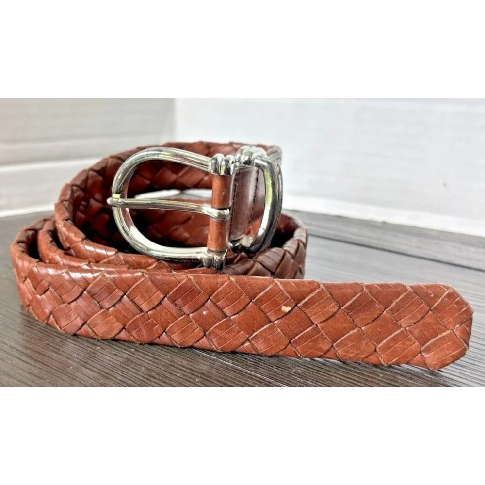 Cole Haan Belt Braided Leather Brown L 40”/100 Silver Buckle  A09374